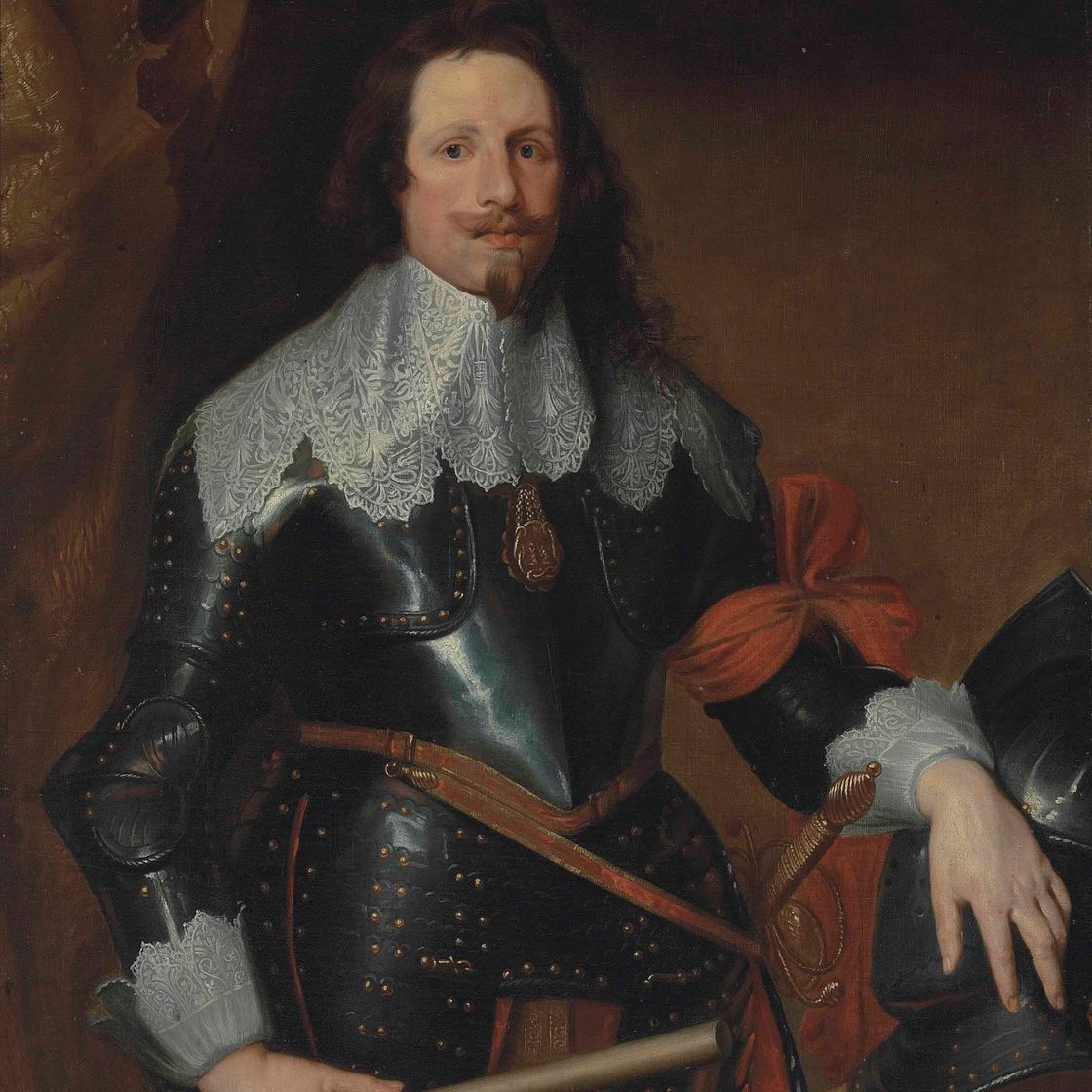 Anthony van Dyck — Портрет принца Франциска Томаса Савойско-Кариньяно (1596-1656), рост в три четверти, в доспехах и белом кружевном воротничке, с жезлом в руке, левая рука на шлеме.