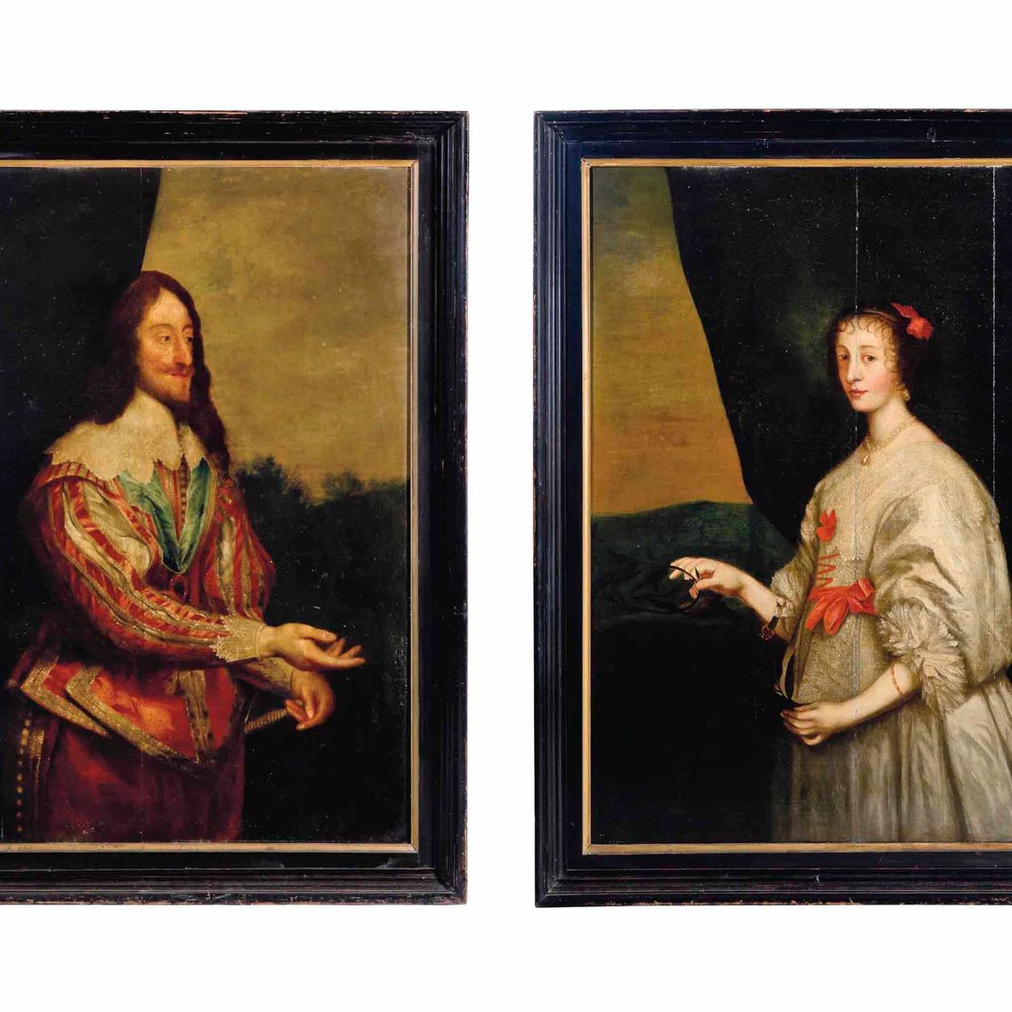 Anthony van Dyck — Портрет короля Карла I (1600-1649), стоящего в три четверти роста, в алом камзоле с разрезом и голубой лентой; и портрет королевы Генриетты Марии (1609-1669), стоящей в три четверти роста, в белом платье с красными бантами.