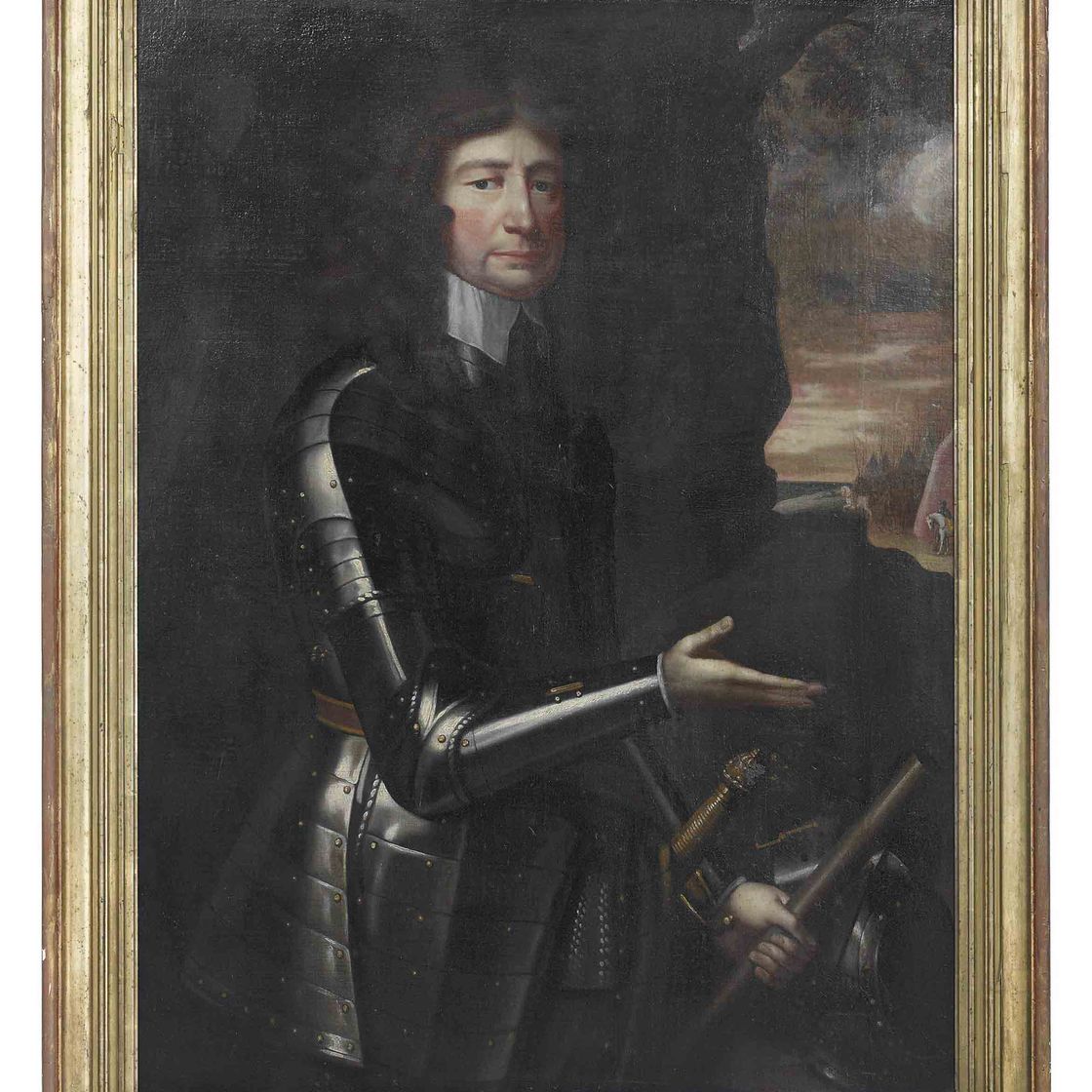 Anthony van Dyck — Портрет джентльмена в полный рост, в доспехах, с дубинкой в левой руке, на фоне битвы