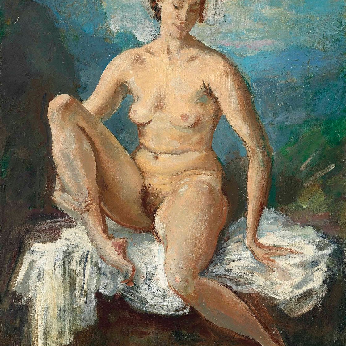 Augustus John — Сидящая обнаженной на белой скатерти