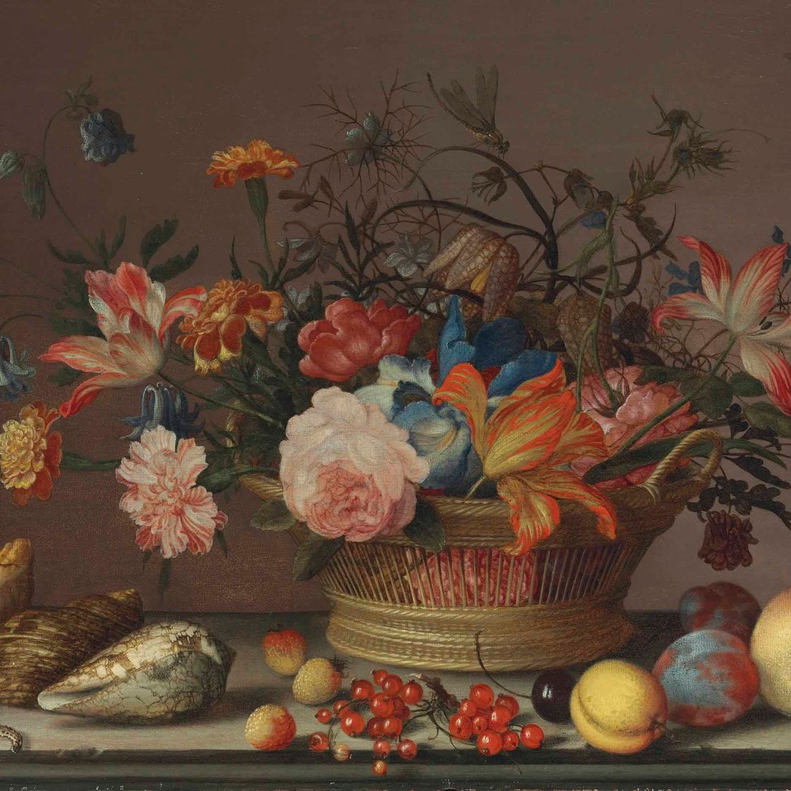 Balthasar Van Der Ast — Тюльпаны-попугаи, гвоздики, водосбор, бархатцы и другие цветы в плетеной корзине, с ракушками, персиками, вишнями, клюквой, сливами, кузнечиком и другими насекомыми, на каменном выступе
