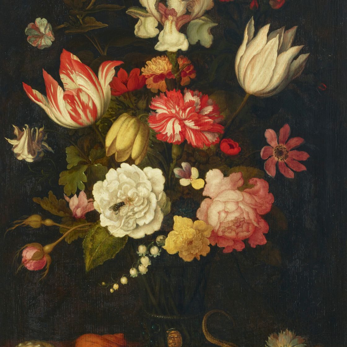 Balthasar Van Der Ast — Тюльпаны, гвоздики, розы и другие цветы в вазе с ракушками и ящерицей на выступе, изображение 1
