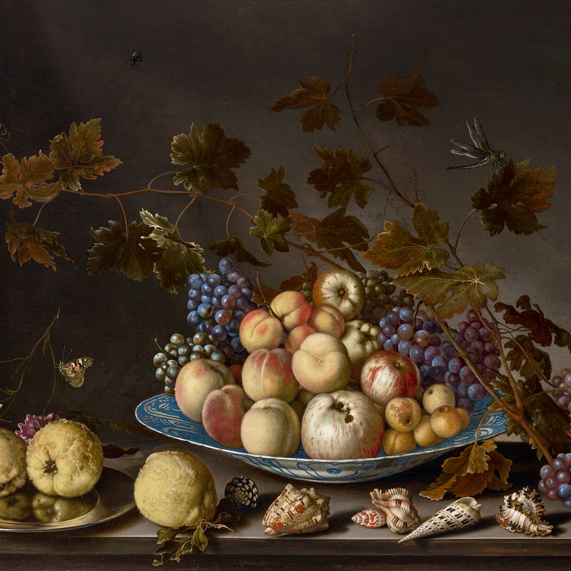 Balthasar Van Der Ast — Фрукты на краакском фарфоровом блюде с айвой, розами, ракушками и насекомыми, изображение 1