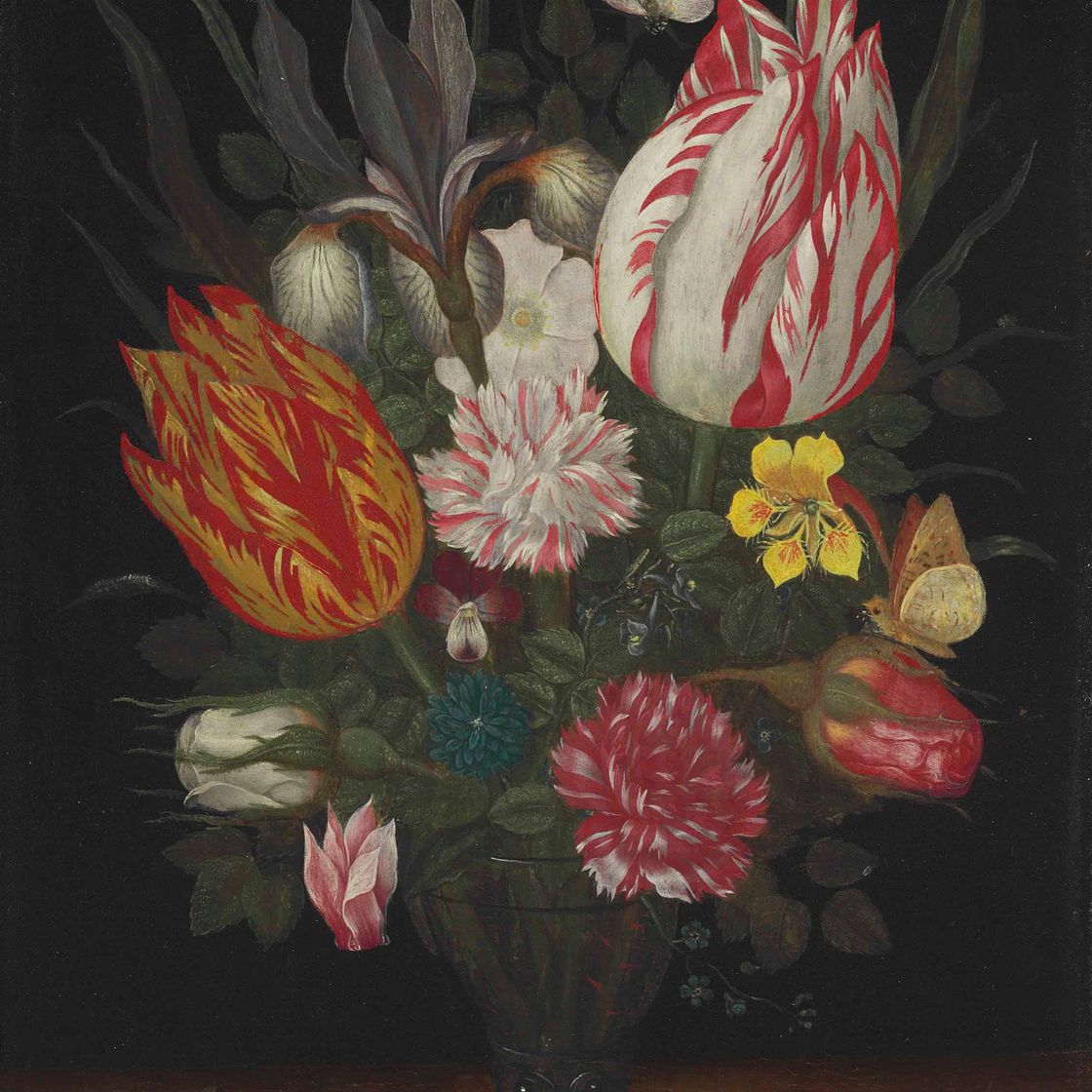 Balthasar Van Der Ast — Тюльпаны, гвоздики, ирис, шиповник, цикламен, розы, анютины глазки и другие цветы в вазе с гусеницей и бабочкой