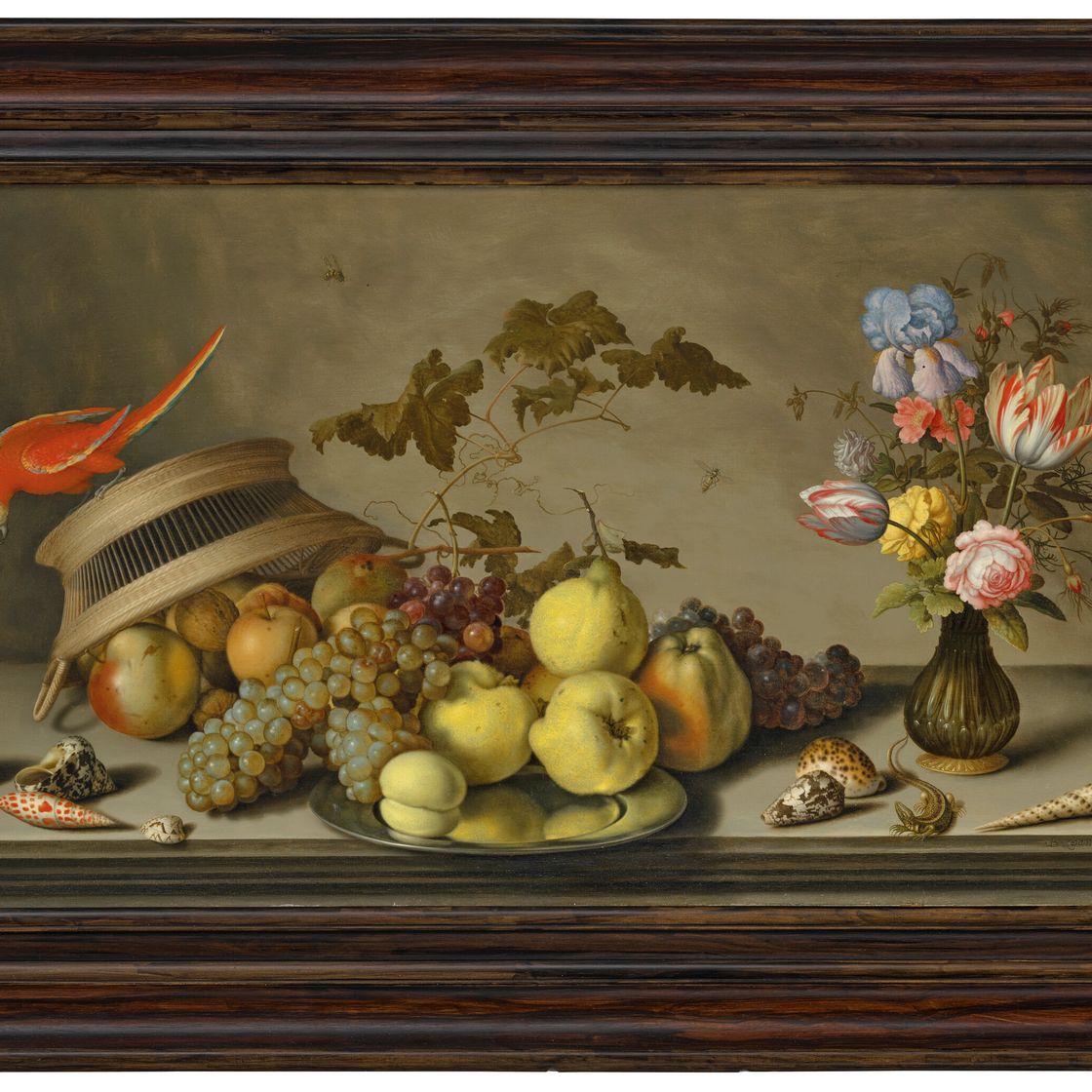 Balthasar Van Der Ast — Попугай в перевернутой корзине с фруктами, оловянной тарелкой, вазой с цветами, насекомыми, ящерицей и ракушками на каменном выступе, изображение 2