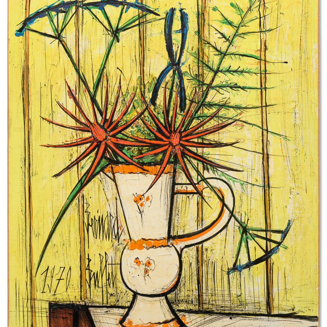 Bernard Buffet — Букет красных и голубых цветов с желтым оттенком, ваза белого и оранжевого цветов, изображение 1