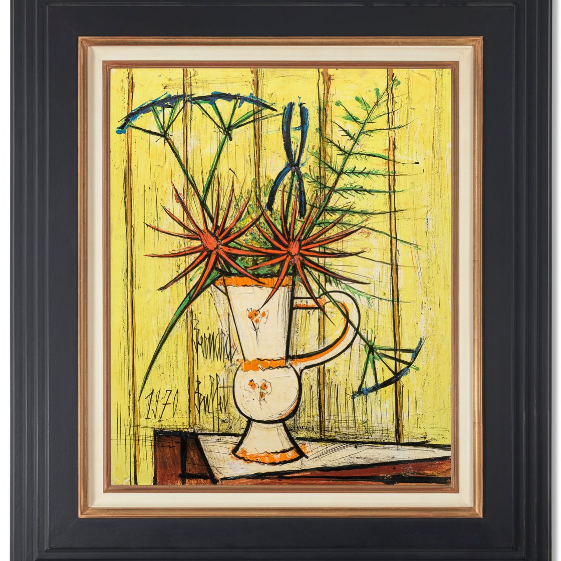 Bernard Buffet — Букет красных и голубых цветов с желтым оттенком, ваза белого и оранжевого цветов, изображение 2
