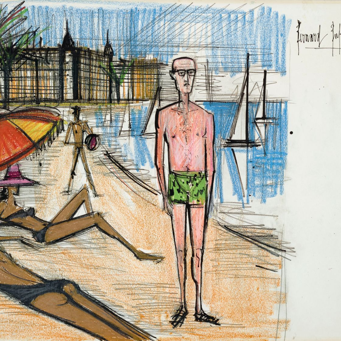 Bernard Buffet — Каннский пляж, иллюстрация к «Некоему месье Блоту» Пьера Даниноса