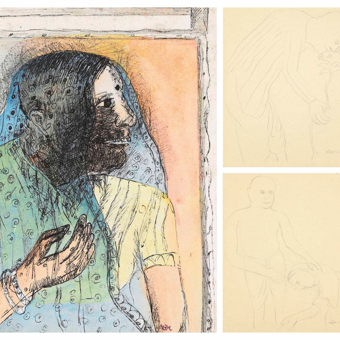 Bhupen Khakhar — Без названия (Невеста); Без названия (Женщина у ног мужчины); Без названия (Мужчина нюхает цветок), изображение 1