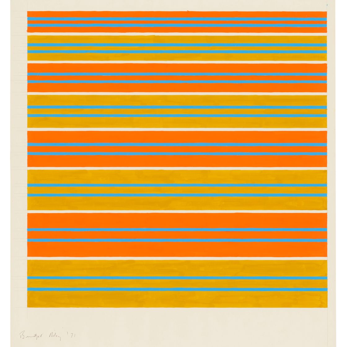 Bridget Riley — Синий на оранжевом и охряном фоне, изображение 1