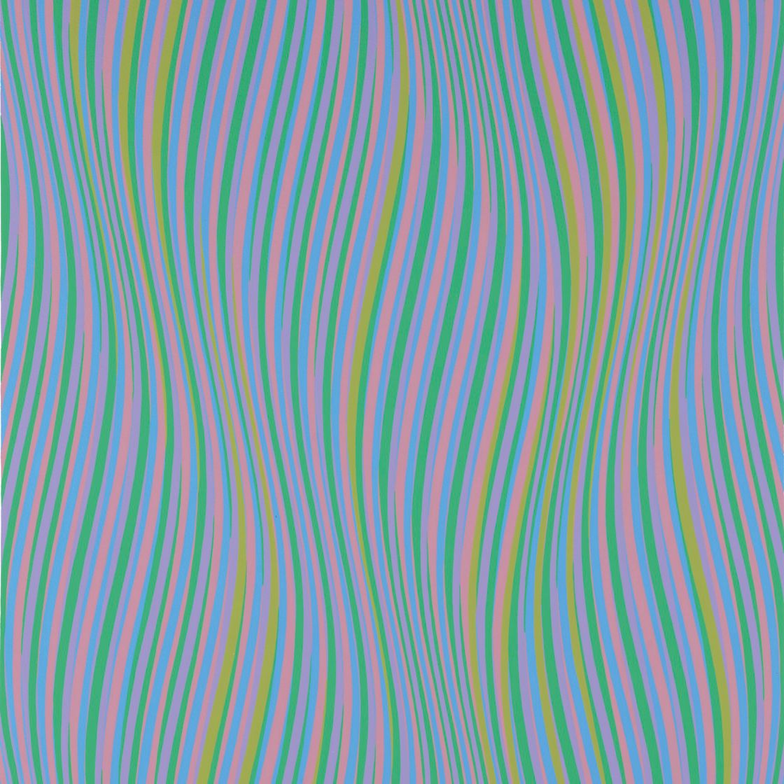 Bridget Riley — Серия 35. Добавлен оливковый цвет. Первые два цвета переплетены красным и синим. Вторые два цвета переплетены фиолетовым и зеленым. Обратная диагональ