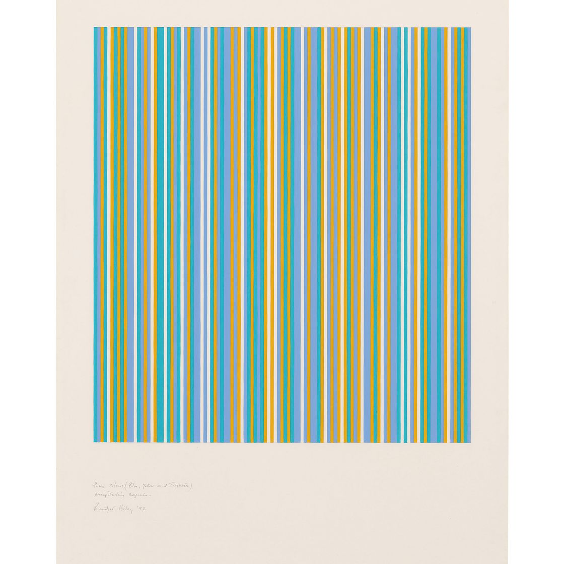 Bridget Riley — Три цвета (синий, желтый и бирюзовый) с выделением пурпурного