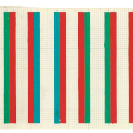 Bridget Riley — От красного и зеленого к красному и синему; Движение захвата: E (Исследование для позднего утра 2); участки, использованные на изображениях E, F и K, L и, возможно, D