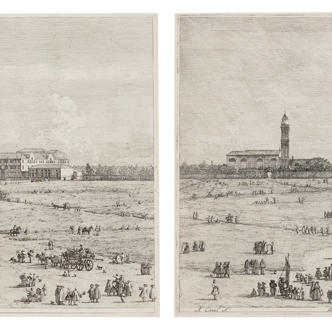 Canaletto — Церковь Святого Джустина в Пра-делла-Валле (левая половина) и Пра-делла-Валле (правая половина)