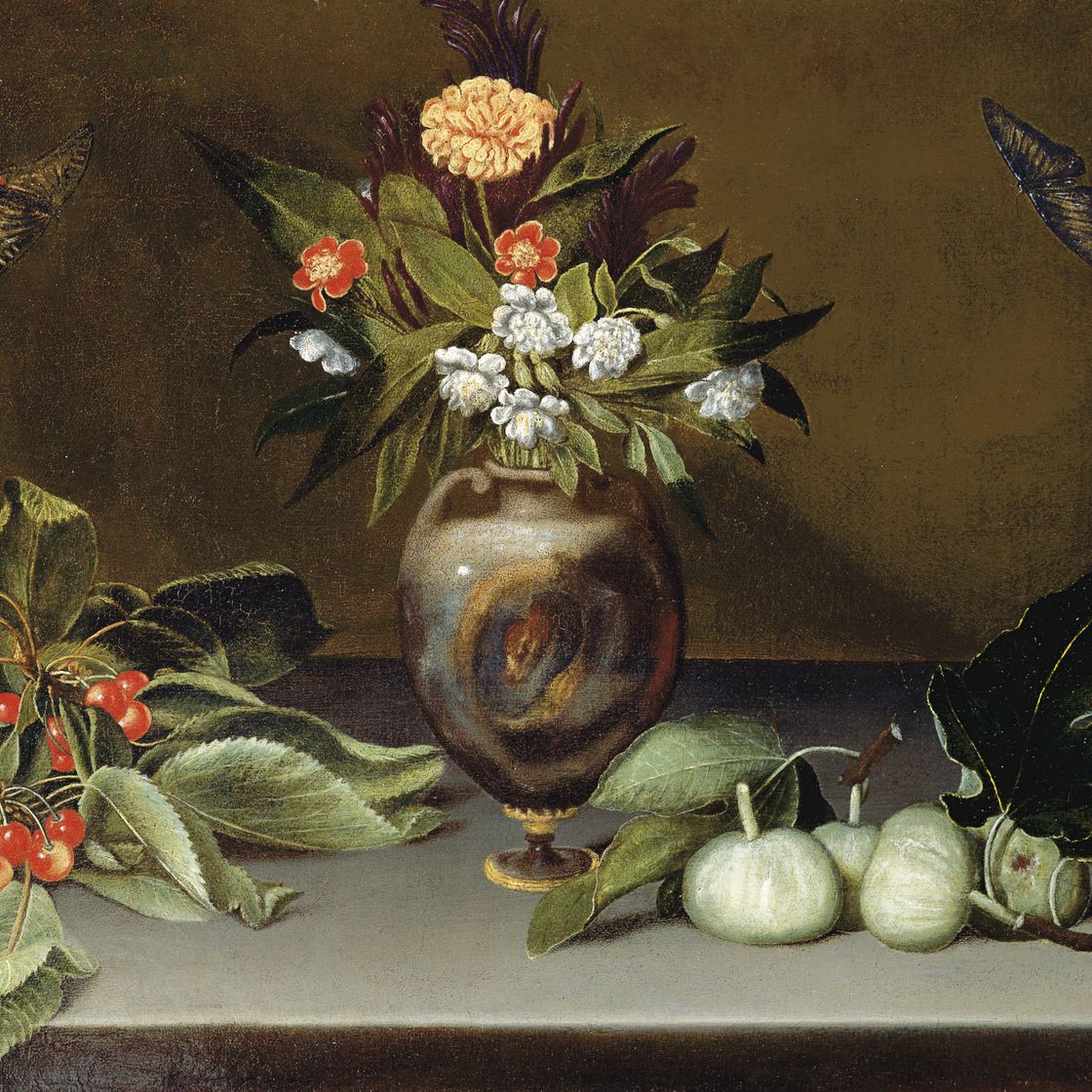 Caravaggio — Нарциссы и гвоздика в вазе на каменном выступе с вишнями, инжиром и бабочками