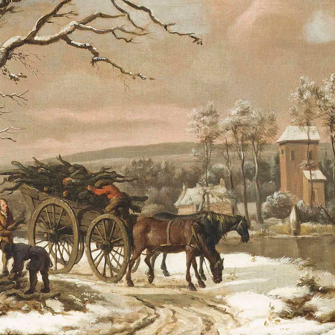 César — Зимний лесной пейзаж с фигурами, рубящими дрова рядом с повозкой, запряженной лошадьми, и конькобежцами на замерзшей реке, деревней за ней.