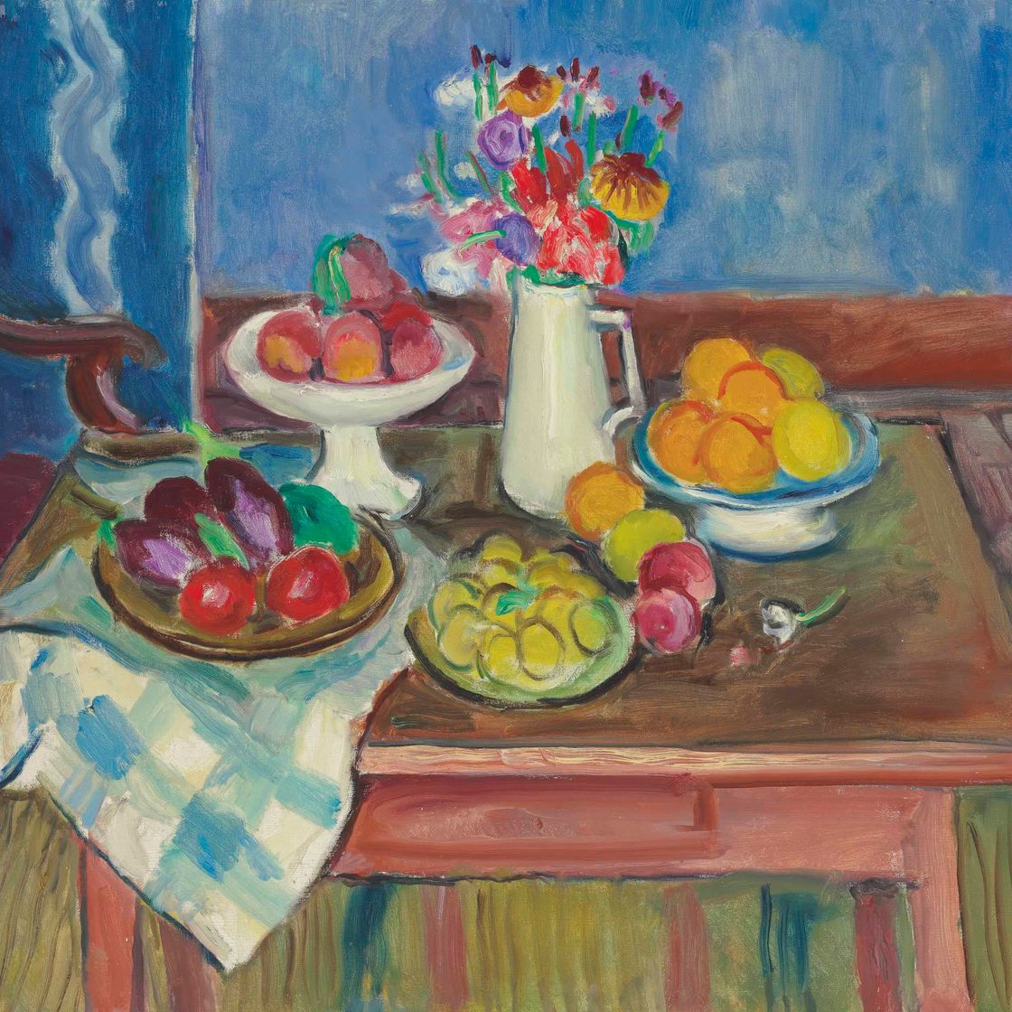 Charles Camoin — Морт природы в белом компотье, бланшет из цветов, ассорти из фруктов