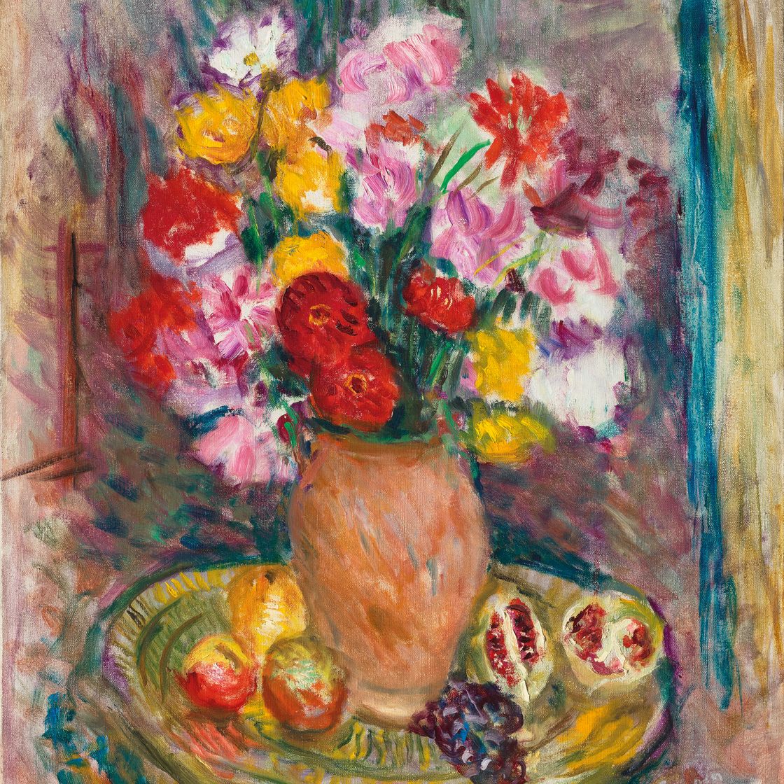 Charles Camoin — Цветочный горшок с розами и фруктами на плато, изображение 1