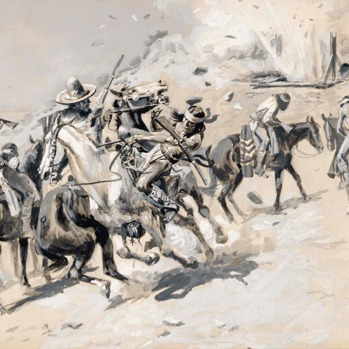 Charles Marion Russell — Динамит! "Из пасти вылетела масса камней, и они беспорядочно посыпались на пейзаж".