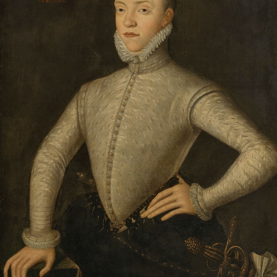 Charles White — Портрет Чарльза Стюарта, 5-го графа Леннокса (ок. 1556-1576), в три четверти роста, в белом камзоле с разрезом и черных бриджах, изображение 2
