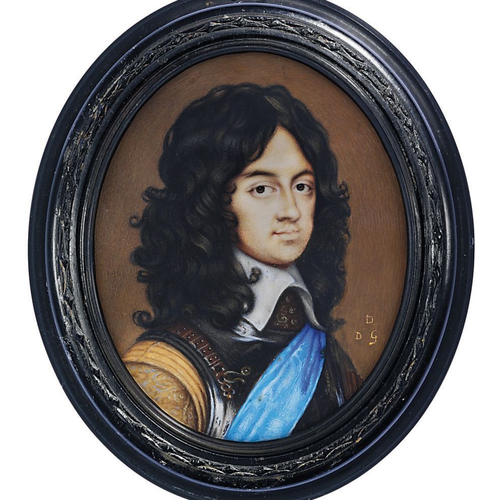 Charles White — Карл II (1630-1685), принц Уэльский, в стальной кирасе и горжете, камзоле из буйволовой кожи с узорчатыми рукавами, белом батистовом воротничке, с голубой лентой ордена Подвязки, с натуральными вьющимися каштановыми волосами