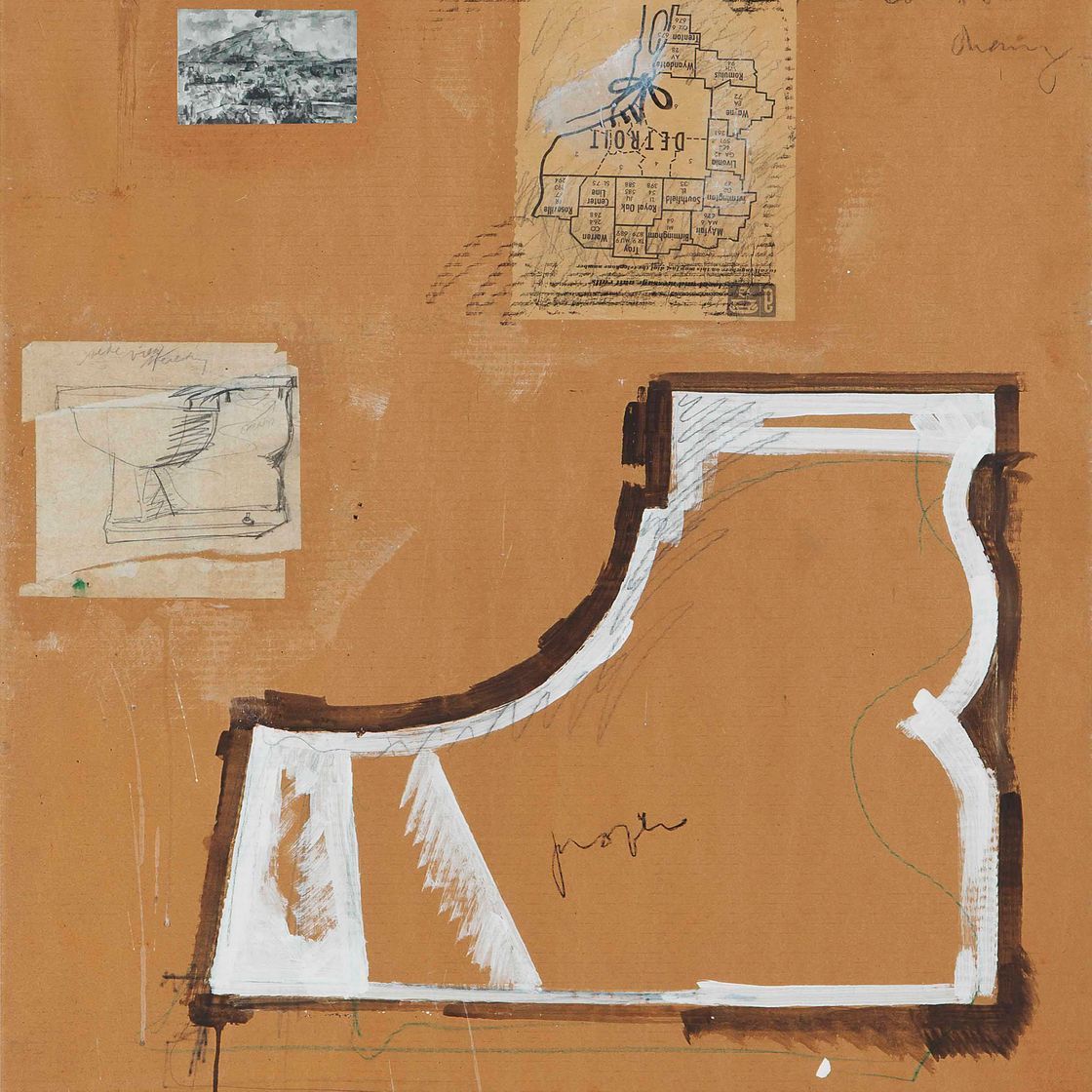 Claes Oldenburg — Эскиз основания туалета в профиль – сравнение с картой Детройта и горы Сент-Виктуар кисти Сезанна
