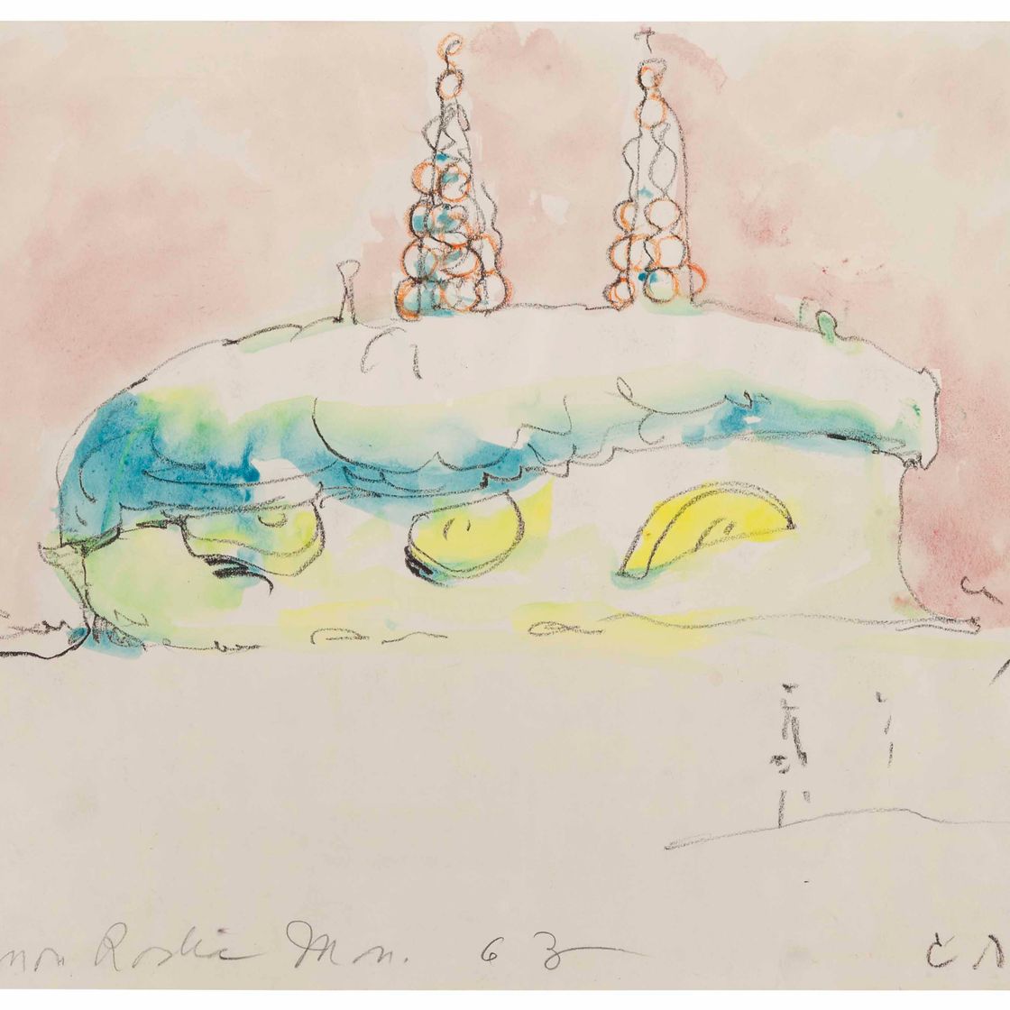 Claes Oldenburg — Эскиз к памятнику Саймону Родиа: пирог с банановым кремом над Уоттс-Тауэр