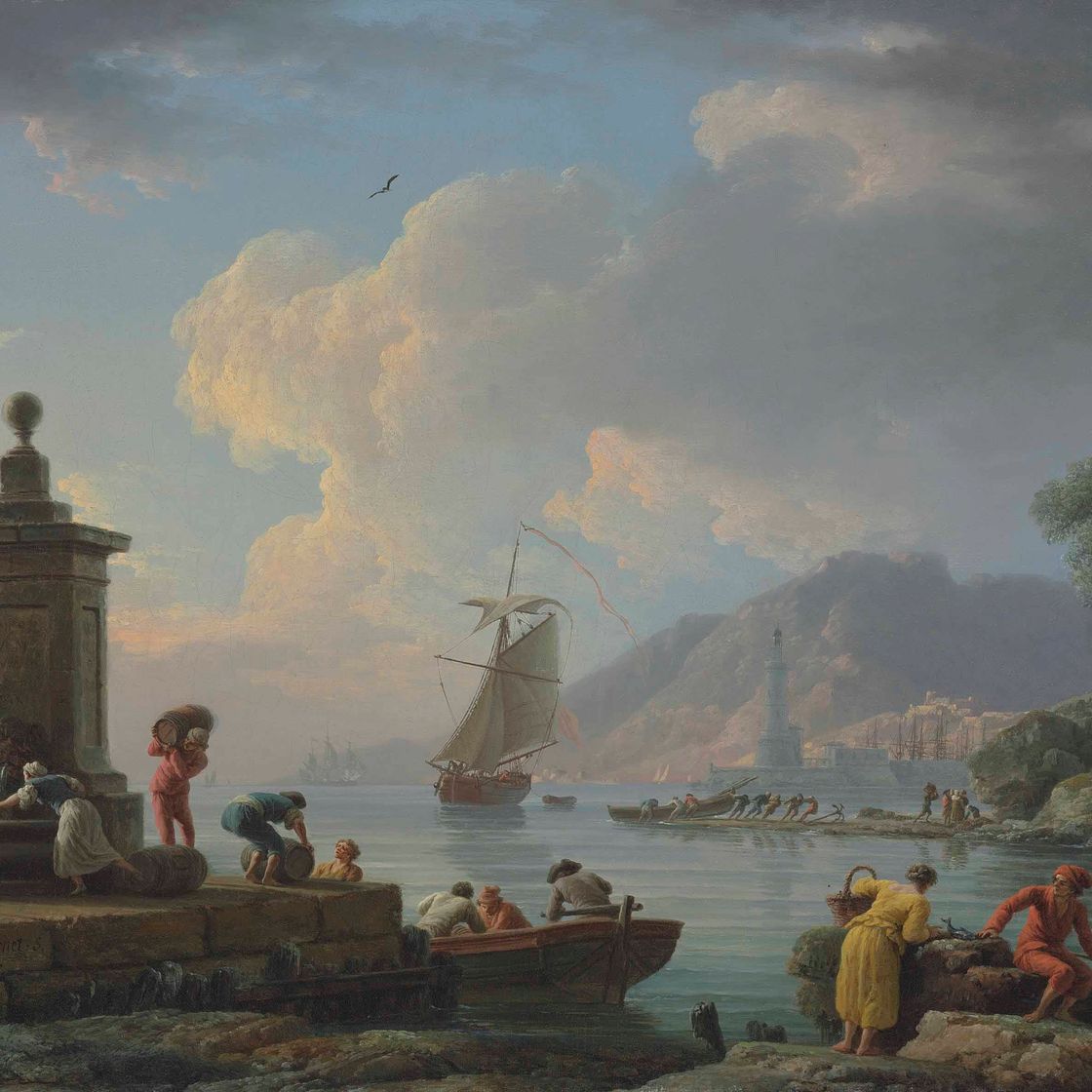 Claude Joseph Vernet — Средиземноморский морской порт с фигурами, разгружающими груз, две женщины, набирающие воду из фонтана, маяк за его пределами.