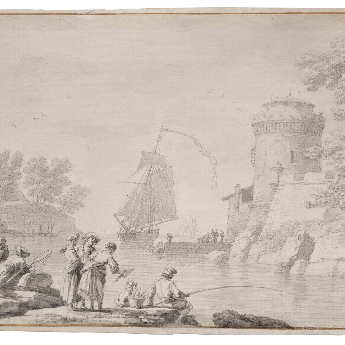 Claude Joseph Vernet — Любители долгих прогулок по кот-д'Ивуару, в вуали и в укрепленном туре по Арьерре-по плану; и любители на берегу реки, в деревне, расположенной на мысе Рошо-по плану Арьерре, изображение 1