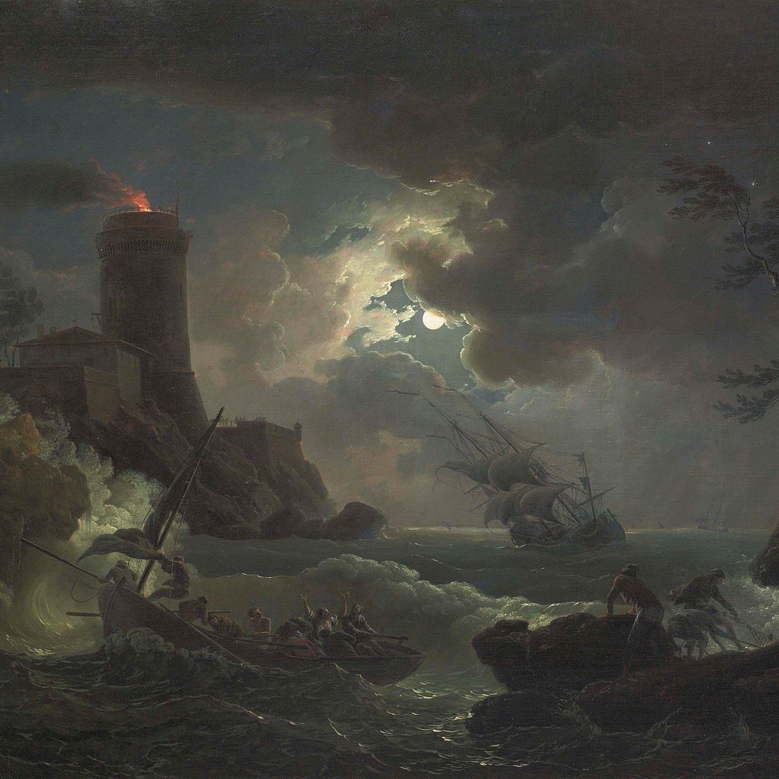 Claude Joseph Vernet — Фигуры потерпевших кораблекрушение и рыбаки, вытаскивающие свои сети во время шторма, маяк за