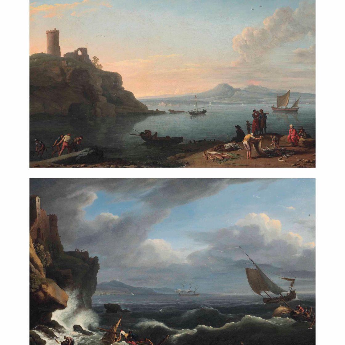 Claude Joseph Vernet — Прибрежный пейзаж с рыбаками на берегу, вулкан за его пределами и кораблекрушение в штормовых водах.