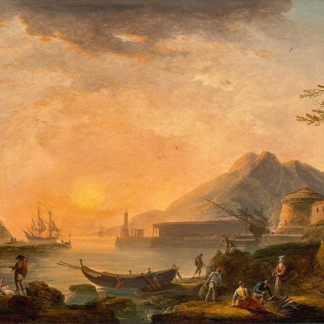Claude Joseph Vernet — Пейзаж средиземноморской гавани в сумерках, фигуры на берегу и рыбаки, спускающие лодку на воду., изображение 1