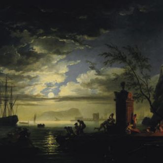 Claude Joseph Vernet — Ночь: люди собрались вокруг костра на причале, а другие разгружали лодки в заливе, залитом лунным светом.