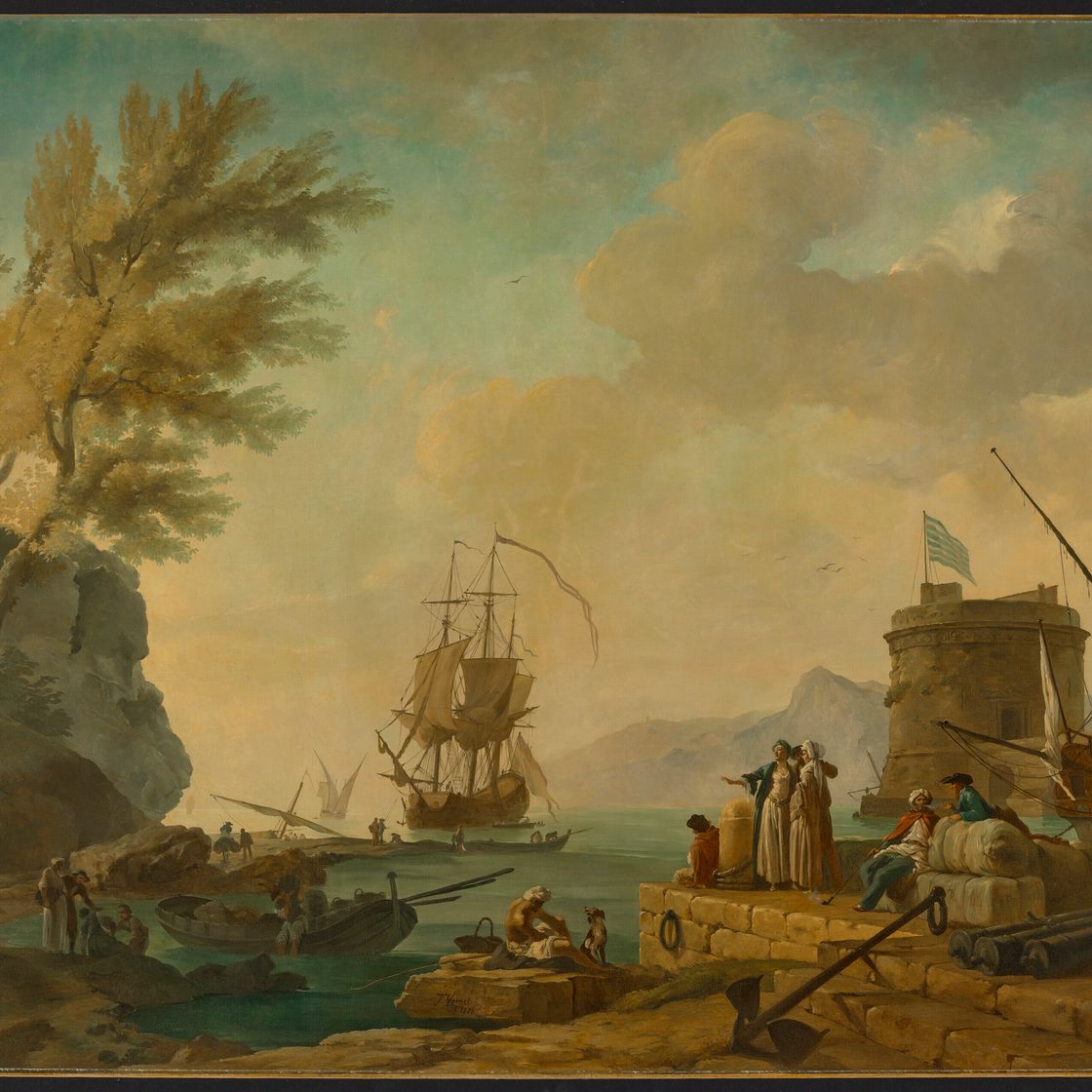 Claude Joseph Vernet — Сцена гавани на закате с фигурами на стене гавани справа; и гавань на закате с элегантными дамами на переднем плане., изображение 2