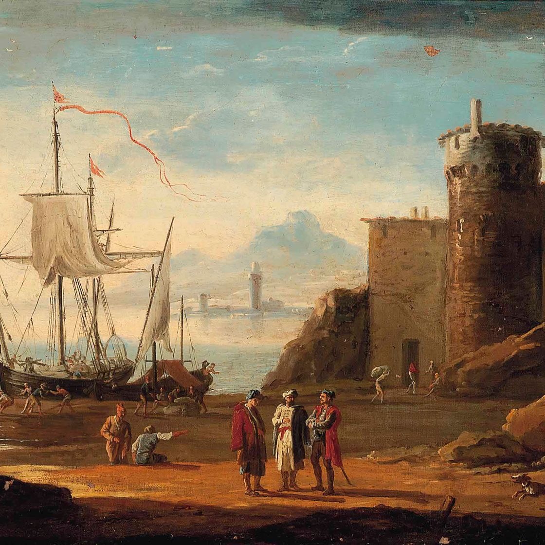 Claude Joseph Vernet — Сцена в средиземноморском порту с фигурами в восточных одеждах, военными моряками и грузчиками, разгружающими груз
