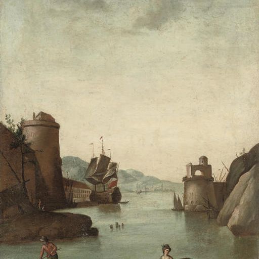 Claude Joseph Vernet — Средиземноморский прибрежный залив с укрепленным городом, фигуры рыбаков на переднем плане и корабль за ним; и Средиземноморский прибрежный залив с укрепленным городом, фигуры рыбаков и выходящих из лодки на переднем плане и корабль за ним.