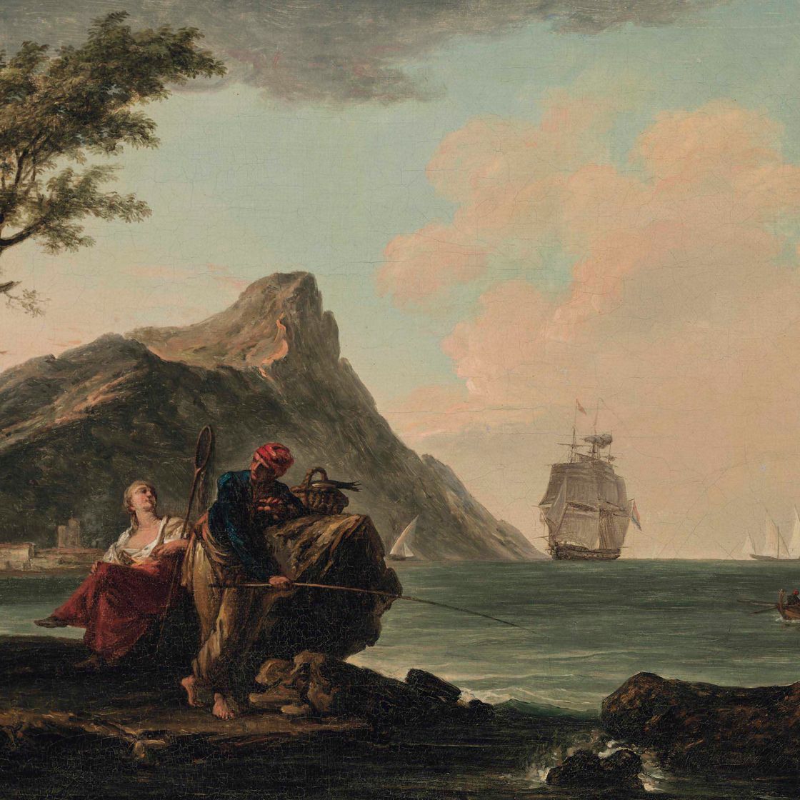Claude Joseph Vernet — Прибрежный пейзаж с фигурами на берегу, кораблями за его пределами.