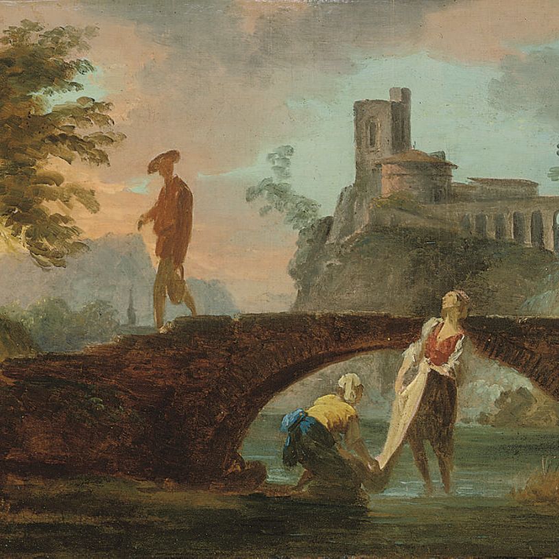 Claude Joseph Vernet — Итальянский речной пейзаж с прачками и фигурой на мосту