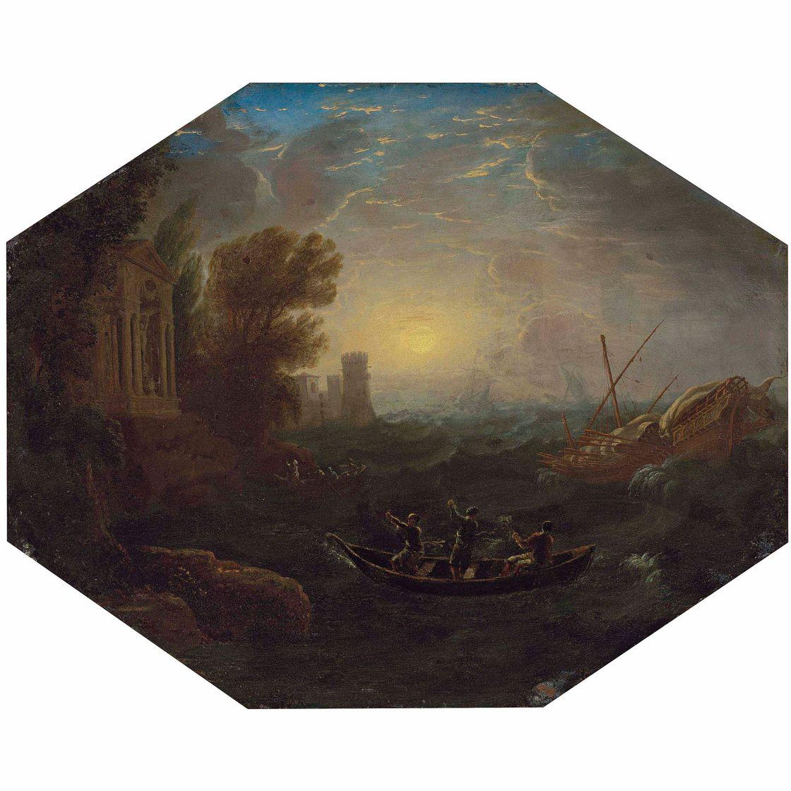 Claude Lorrain — La Tempête: Средиземноморский прибрежный пейзаж с гребными лодками и галерой в бурном море, приморским храмом и башней, другими судами за пределами