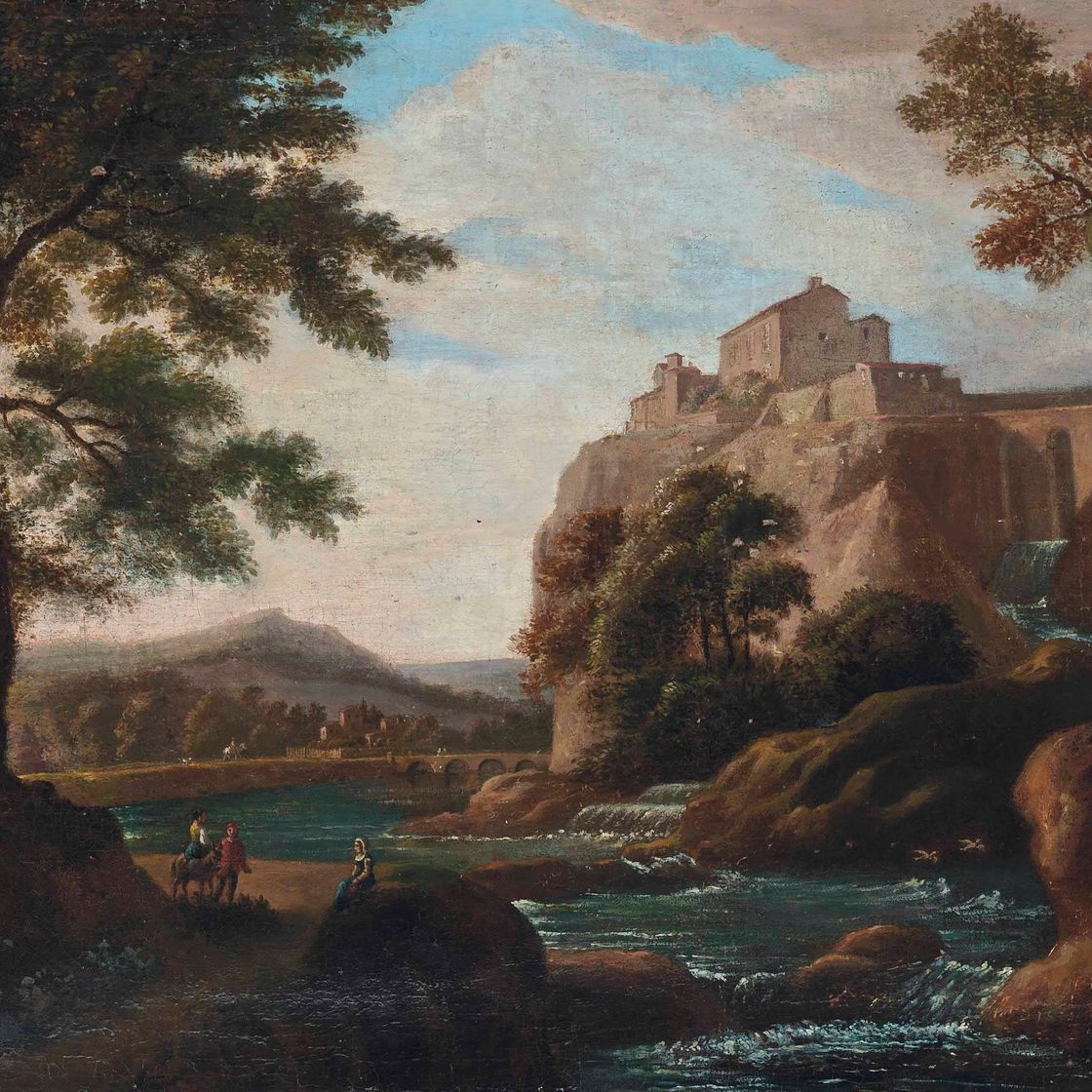 Claude Lorrain — Скалистый речной пейзаж с городом на вершине холма за ним