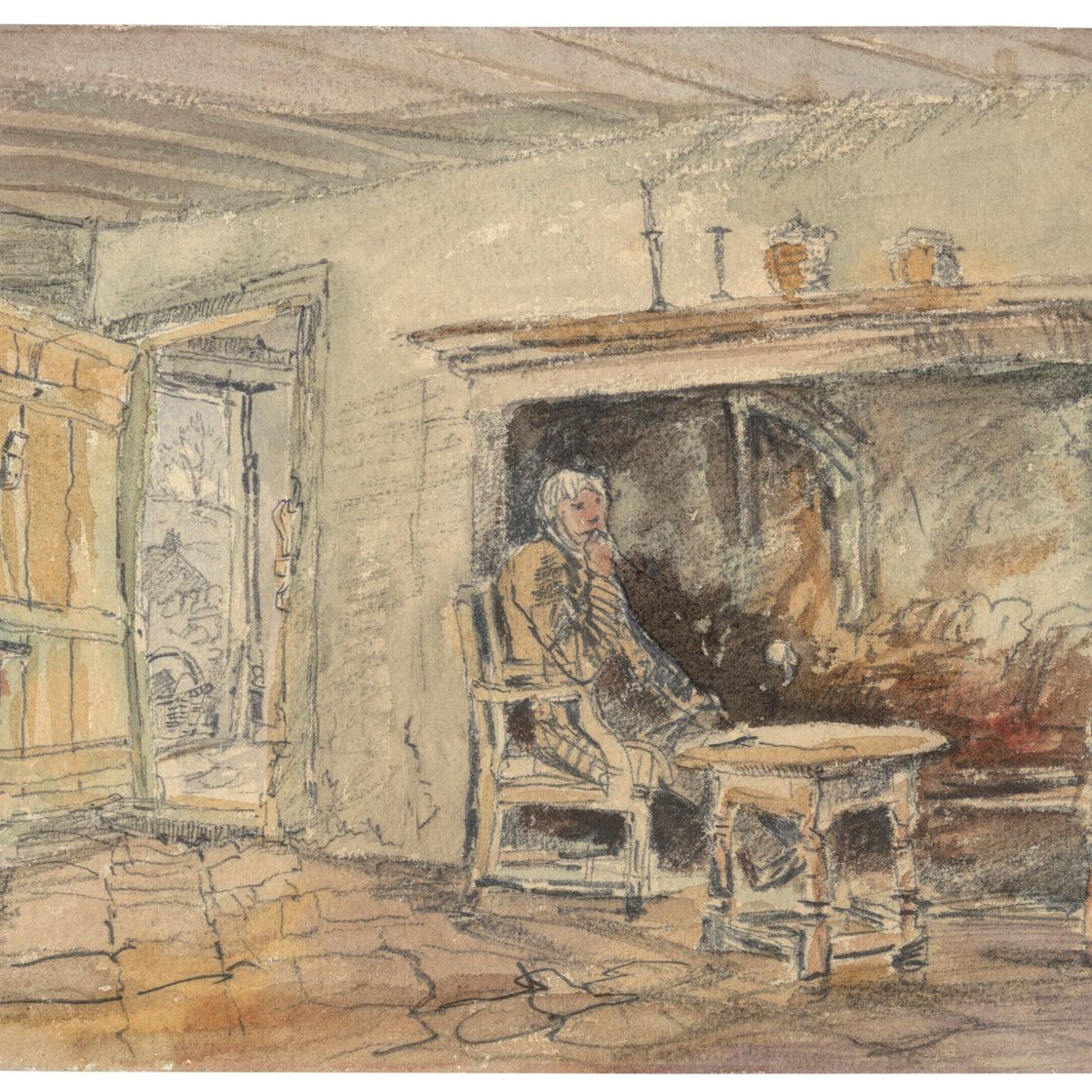 David Cox — Интерьер валлийской гостиной с мужчиной, сидящим у камина