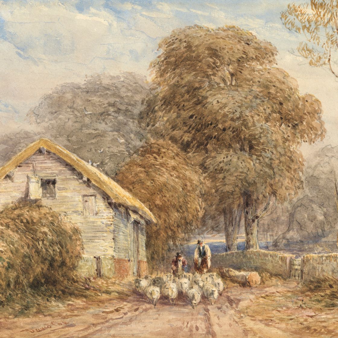 David Cox — Путешественник верхом на лошади, с пастухом и его овцами, у сарая, на проселочной дороге, изображение 1