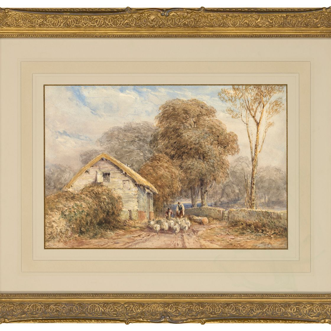 David Cox — Путешественник верхом на лошади, с пастухом и его овцами, у сарая, на проселочной дороге, изображение 2