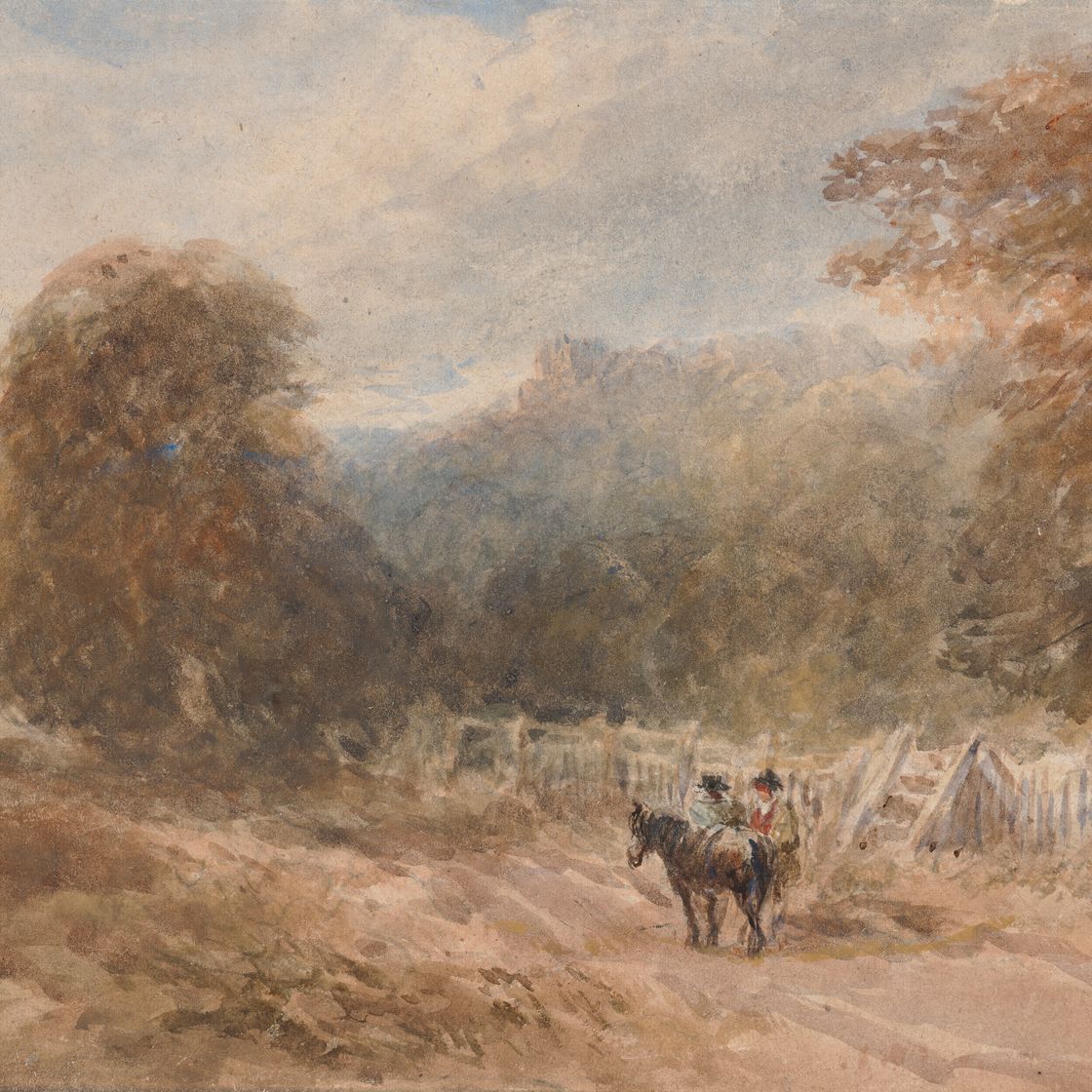 David Cox — Фигуры с пони у забора, замком за ним (справа ) и изображением деревьев ( сзади ), изображение 1