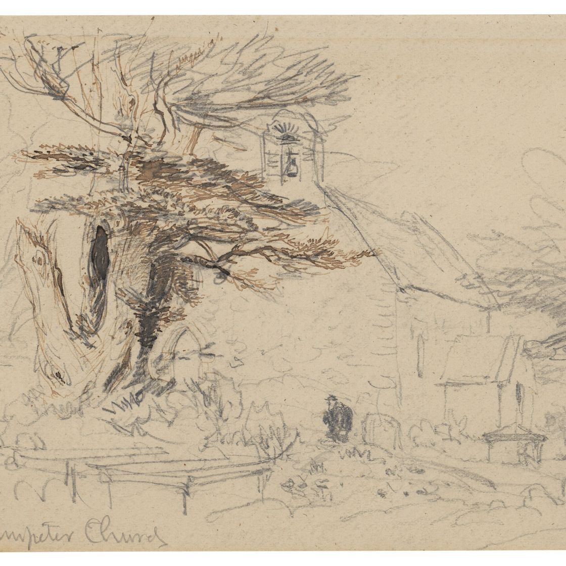 David Cox — Церковь Ллампетер, Уэльс; с дополнительным исследованием здания и деревьев (оборотная сторона )