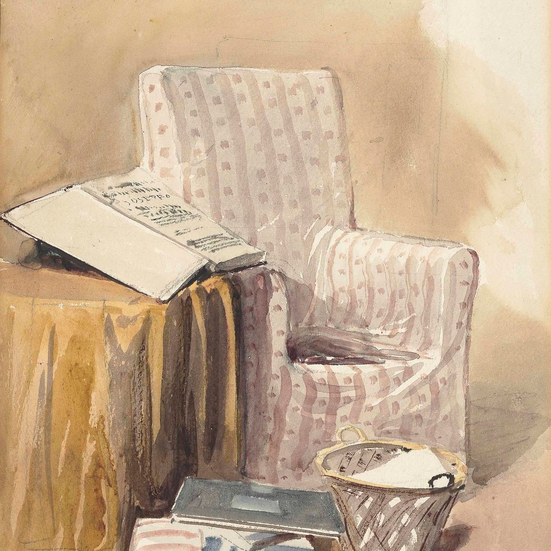 David Cox — Натюрморт из кресла, корзины для бумаг и раскрытой книги
