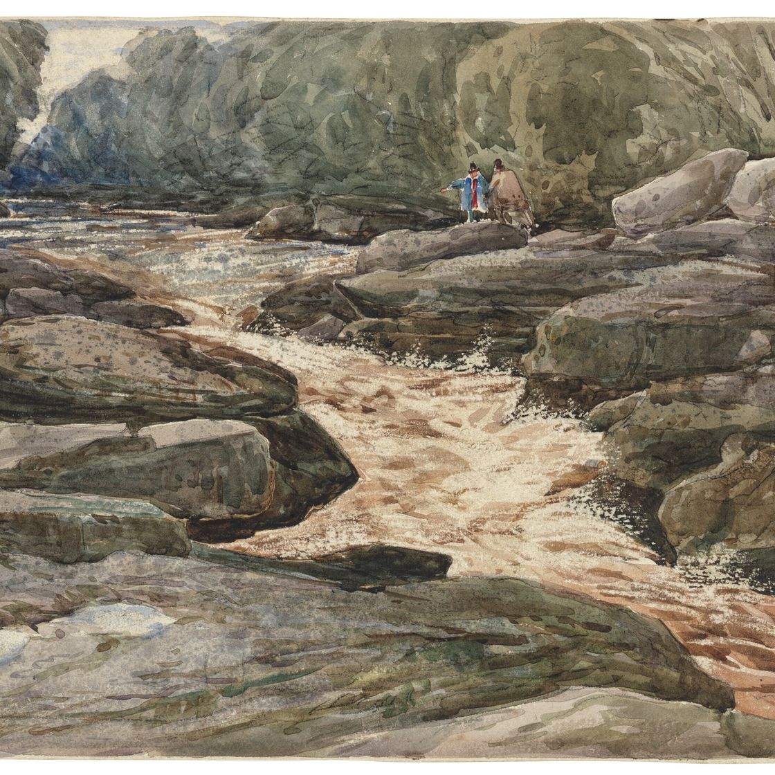 David Cox — Двое мужчин любуются пенящимися водопадами реки, Северный Уэльс