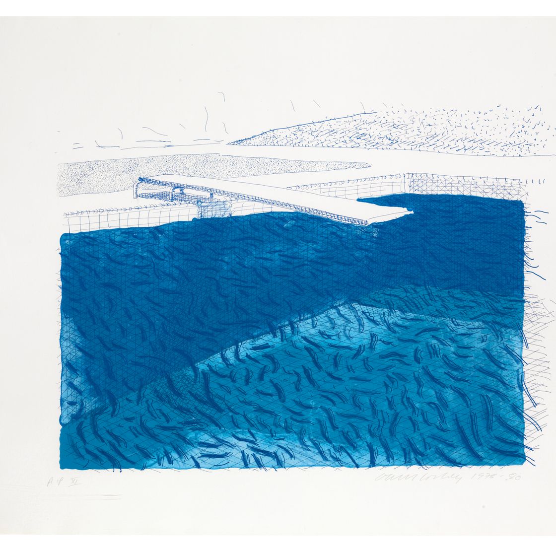 David Hockney — Литография воды, выполненная из линий, цветного карандаша и двух синих промывок без зеленой промывки