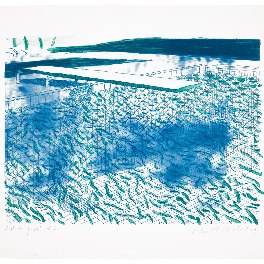 David Hockney — Литография воды, состоящая из линий и зеленой полосы, изображение 1