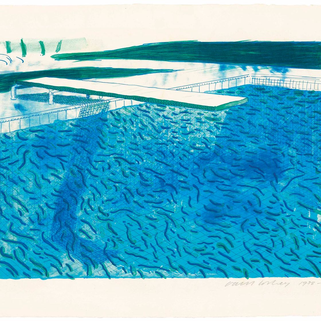 David Hockney — Литография воды, выполненная из толстых и тонких линий, зеленого, светло-голубого и темно-синего цветов
